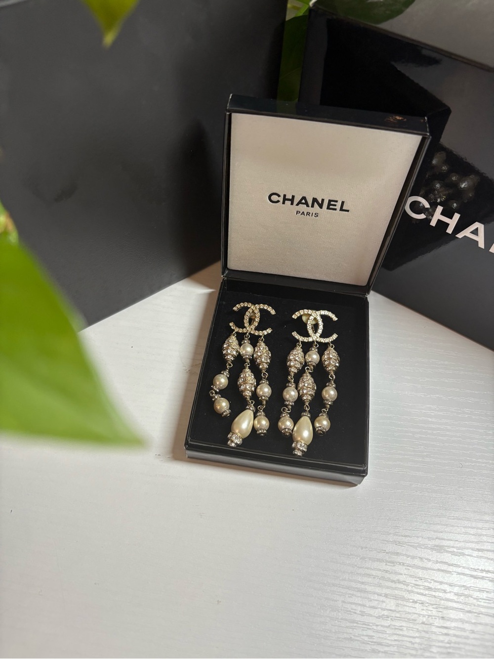 CHANEL Pearl and Crystal CC Drop Earrings in Ivory and Gold